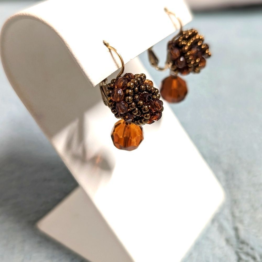 Vintage Liz Claiborne Brown Beaded Pierced Earrings - Picture 4 of 7
